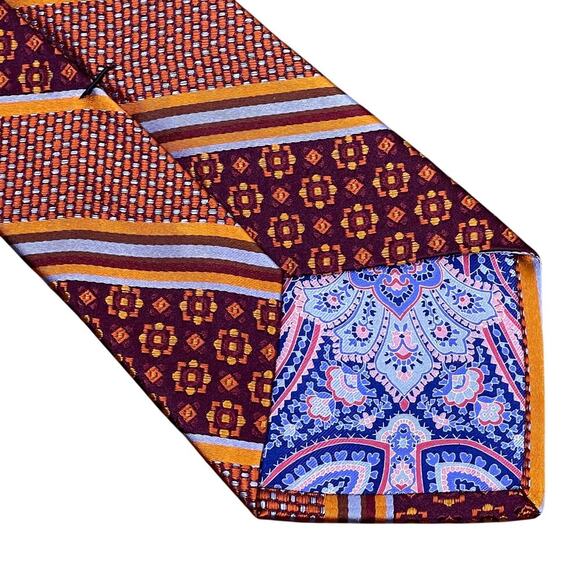Ted Baker Designer Necktie 100% Silk Burgundy‎ Orange Blue Mixed Pattern 3.5" - Picture 3 of 5
